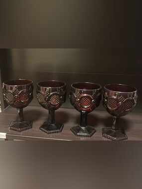 Set of 4 Avon 1876 Ruby Red Cape Cod Wine Goblets)